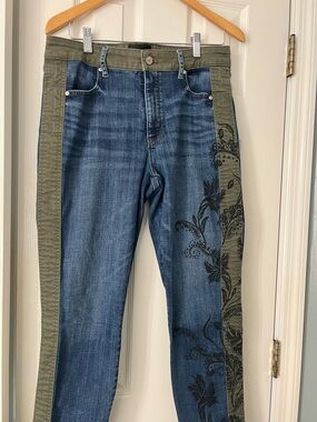 WHBM High Rise Slim Ankle Jeans Size 12 Olive Panel Floral Boho Stretch Denim
